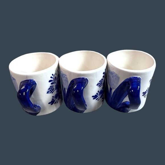 Vintage Handpainted Delft Blue 3D Tulip Floral Design Ceramic Coffee Mug Set 3 - Picture 11 of 11